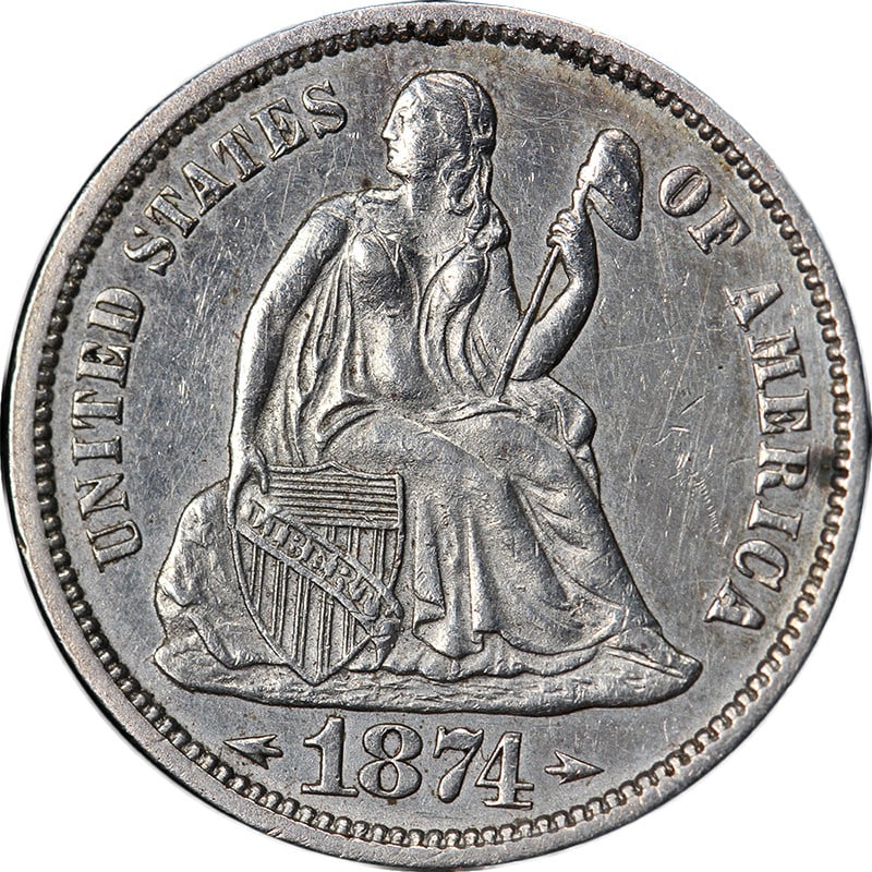 Silver Seated Liberty Arrows Dime 1874-P Choice AU BU: Silver Seated Liberty Arrows Dime 1874-P Choice AU BU 1874-P Seated Liberty Dime with Arrows, offered in Choice AU/BU grade. The coin is silver, from the United States, and is described as circulated 