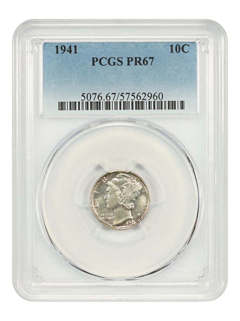 PCGS PR67 1941 Mercury Dime 10C Philadelphia Proof: PCGS PR67 1941 Mercury Dime 10C Philadelphia Proof 1941 Mercury Dime 10C in PCGS PR67 grade. Struck in Philadelphia and certified by PCGS, this uncirculated coin carries certification number 57562960.