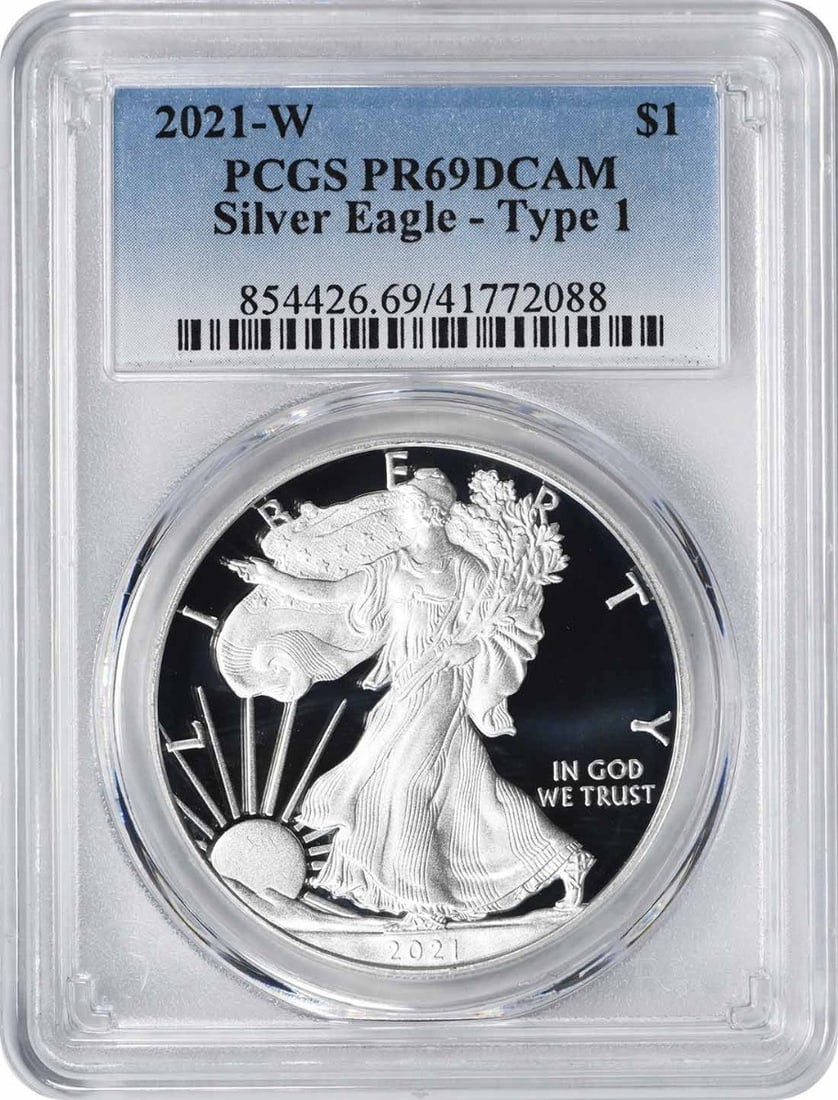 2021-W American Silver Eagle Type 1 PR69DCAM PCGS 1oz Silver Coin: 2021-W American Silver Eagle Type 1 PR69DCAM PCGS 1oz Silver Coin This 2021-W American Silver Eagle Type 1 coin is a stunning representation of U.S. mint craftsmanship. Graded PR69DCAM by PCGS, this p