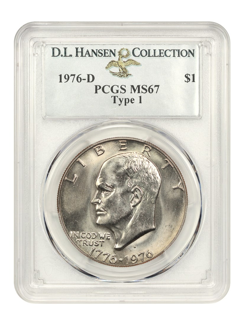 1976-D Eisenhower Dollar PCGS MS67 Type 1 Rare Coin: 1976-D Eisenhower Dollar PCGS MS67 Type 1 Rare Coin This 1976-D $1 Ike Dollar, graded MS67 by PCGS, is a remarkable piece with exceptional quality. It features a striking dynamic luster and appears ne