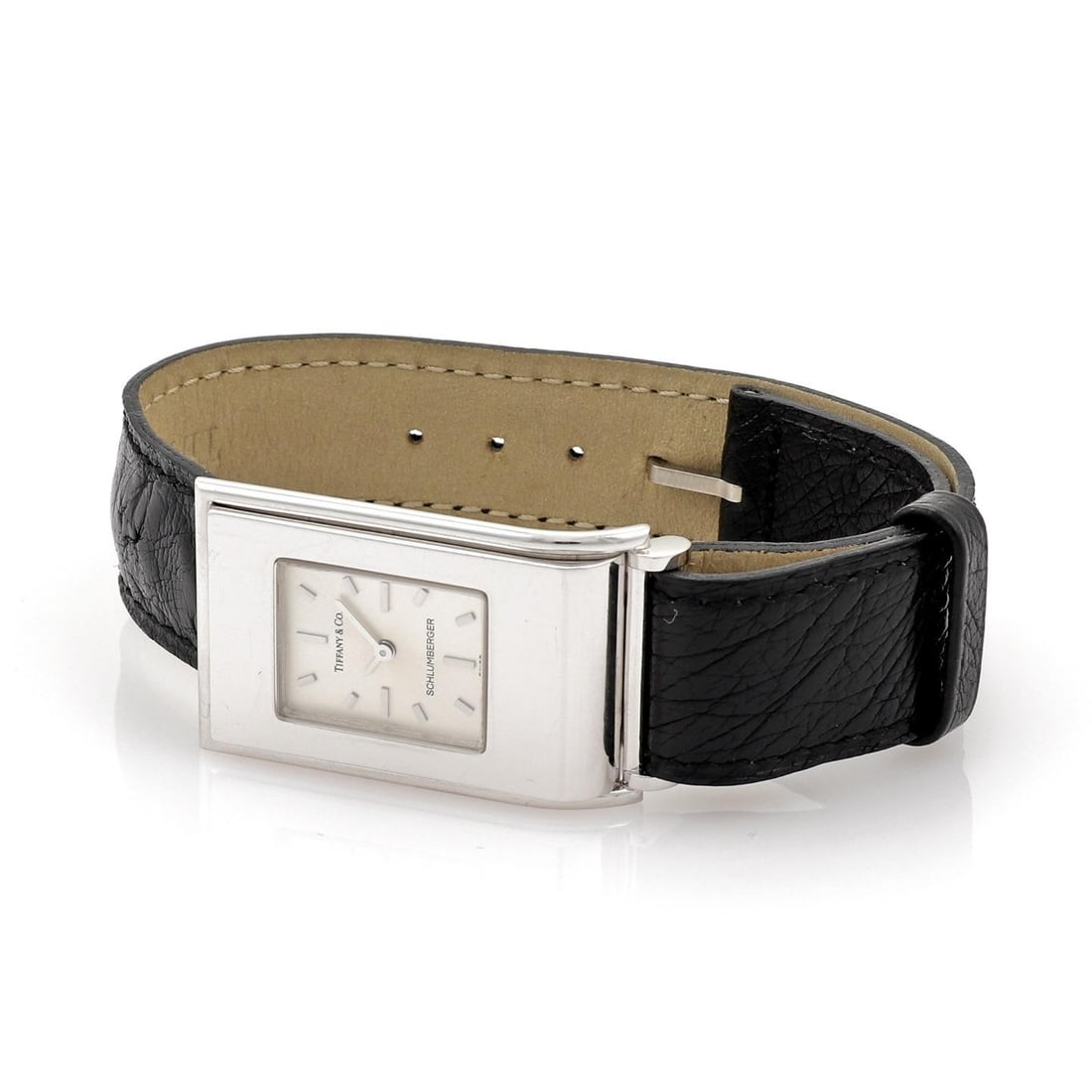 Tiffany & Co. Schlumberger 18k White Gold Wristwatch with Leather Strap and Box: Tiffany & Co. Schlumberger 18k White Gold Wristwatch with Leather Strap and Box This Tiffany & Co. Schlumberger mid-size wristwatch features a case crafted from 18k white gold with a silver-tone dial,