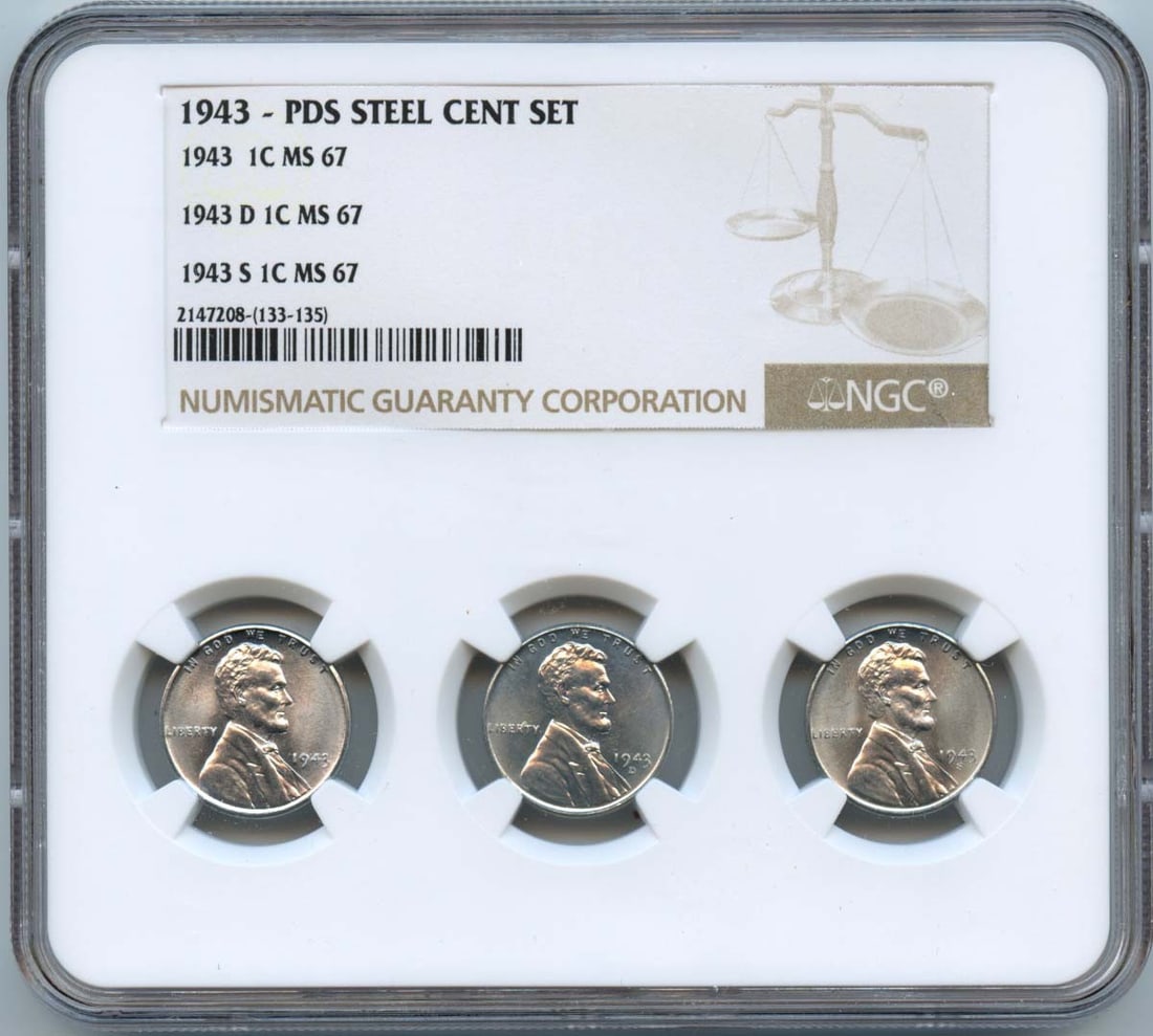 1943 PDS Steel Cent Set NGC MS67 Uncirculated Coins: 1943 PDS Steel Cent Set NGC MS67 Uncirculated Coins This 1943 PDS Steel Cent Set is a remarkable collection certified by NGC with a grade of MS67, indicating its uncirculated condition. The set includ