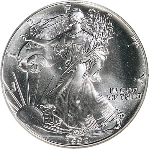 NGC MS69 Brown Label 1992 Silver American Eagle Dollar Coin: NGC MS69 Brown Label 1992 Silver American Eagle Dollar Coin This 1992 Silver American Eagle $1 coin is certified by NGC with a grade of MS69 and features the Brown Label. The coin is composed of 0.999