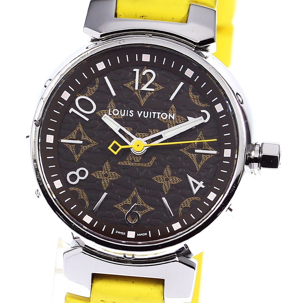 Louis Vuitton Tambour PM Monogram Quartz Ladies Wristwatch: Louis Vuitton Tambour PM Monogram Quartz Ladies Wristwatch This Louis Vuitton Tambour PM Monogram ladies wristwatch features a stainless steel case and a brown dial, paired with a rubber belt. The wat