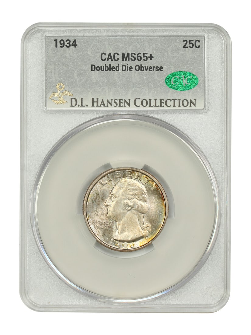 1934 Washington Quarter 25C MS65+ CACG Doubled Die Obverse ex D.L. Hansen: 1934 Washington Quarter 25C MS65+ CACG Doubled Die Obverse ex D.L. Hansen 1934 Washington Quarter, denomination 25C, graded MS65+ by CACG with certification number 251182943. This uncirculated coin is