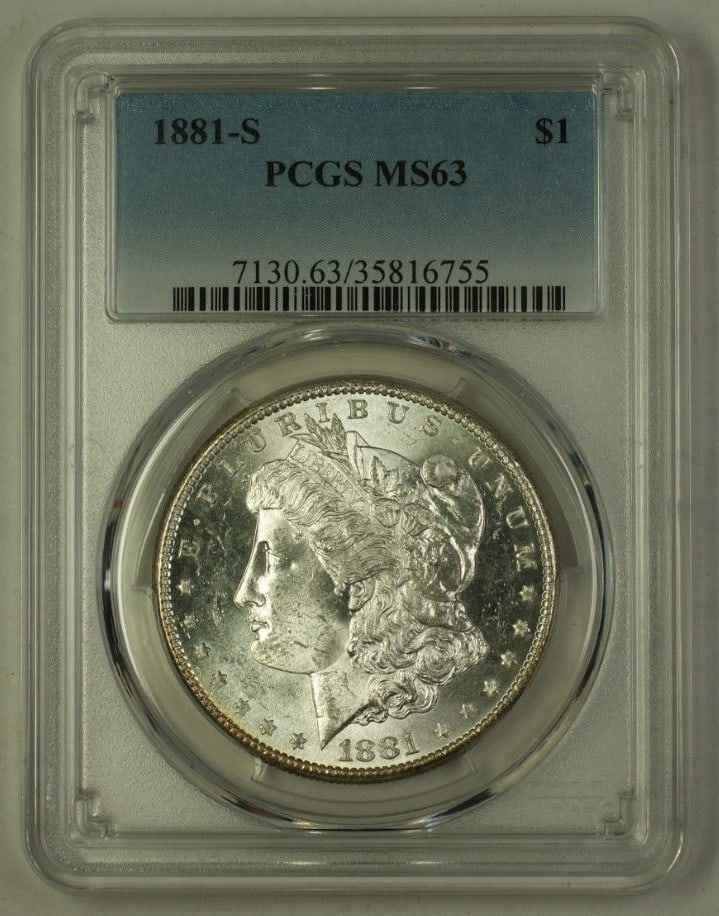 PCGS MS-63 1881-S Morgan Dollar Silver Coin from San Francisco Mint: PCGS MS-63 1881-S Morgan Dollar Silver Coin from San Francisco Mint This is an 1881-S US Morgan Silver Dollar $1 coin, certified by PCGS with a grade of MS 63. It was minted in San Francisco and is co