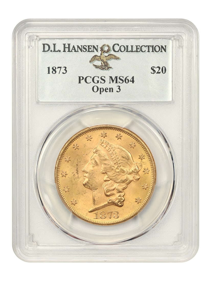 1873 $20 Liberty Head Gold Coin PCGS MS64 D.L. Hansen: 1873 $20 Liberty Head Gold Coin PCGS MS64 D.L. Hansen This stunning 1873 $20 Liberty Head gold coin is graded MS64 by PCGS, showcasing its uncirculated condition. The coin features the Open 3 variety 