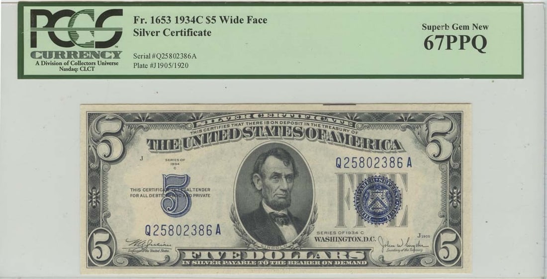 1934C $5 Silver Certificate FR#1653 PCGS 67PPQ Superb Gem Wide Face: 1934C $5 Silver Certificate FR#1653 PCGS 67PPQ Superb Gem Wide Face This 1934 $5 Silver Certificate, designated as FR# 1653, is graded as a Superb Gem New by PCGS with a remarkable grade of MS67. This