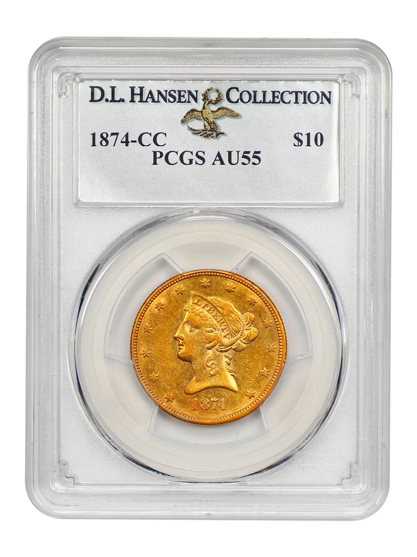 1874-CC $10 Liberty Head Gold Coin PCGS AU55 Rare Carson City: 1874-CC $10 Liberty Head Gold Coin PCGS AU55 Rare Carson City This stunning 1874-CC $10 Liberty Head gold coin, certified by PCGS with a grade of AU55, is a remarkable piece for collectors. With a min