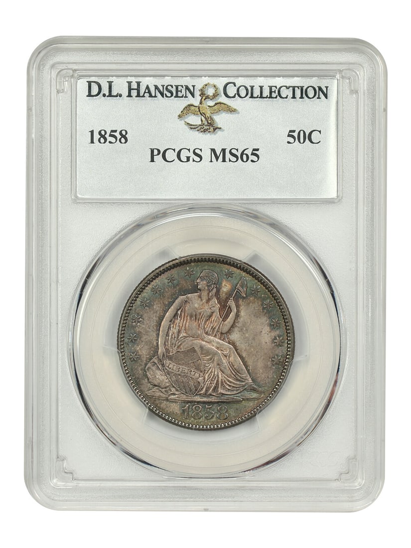 Liberty Seated Half Dollar 1858 PCGS MS65 ex D.L. Hansen: Liberty Seated Half Dollar 1858 PCGS MS65 ex D.L. Hansen 1858 Liberty Seated Half Dollar, graded PCGS MS65 and certified by PCGS. This Philadelphia-minted 50C coin is an uncirculated example with a sh