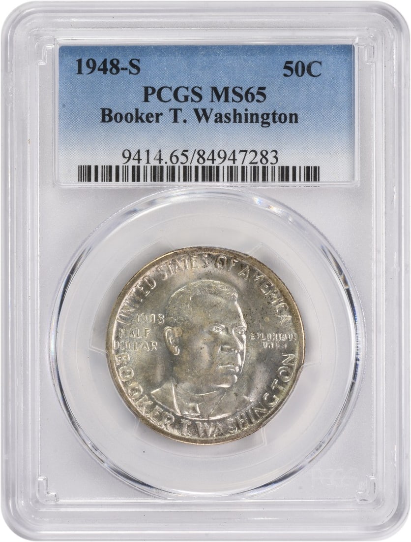 1948-S Booker T Washington Silver Half Dollar PCGS MS65: 1948-S Booker T Washington Silver Half Dollar PCGS MS65 This is a 1948 Booker T. Washington Commemorative Half Dollar, graded MS65 by PCGS. Struck in silver, this uncirculated coin was minted in the U