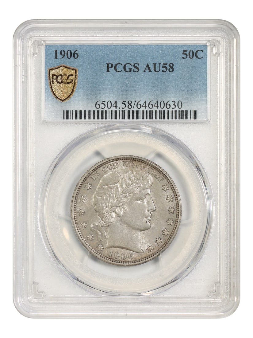 PCGS AU58 1906 Barber Half Dollar 50C Philadelphia: PCGS AU58 1906 Barber Half Dollar 50C Philadelphia 1906 Barber Half Dollar, denomination 50C, minted in Philadelphia. Certified by PCGS and graded AU58, with certification number 64640630. Pre-owned c