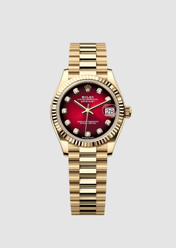 Ladies President Bracelet Red Ombre Diamond Dial Rolex Datejust Ref 278278: Ladies President Bracelet Red Ombre Diamond Dial Rolex Datejust Ref 278278 This Rolex Datejust is a ladies' watch featuring a striking red ombre dial set with diamonds. The watch includes a fluted bez