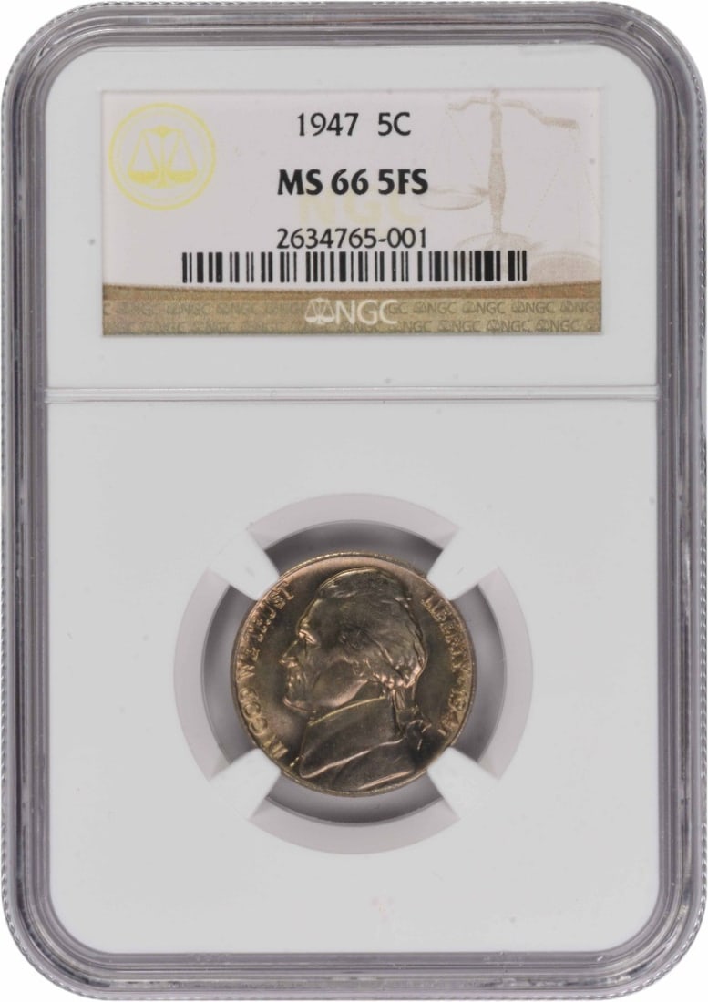 1947 San Francisco Jefferson Nickel MS66 5 Full Steps NGC Certified: 1947 San Francisco Jefferson Nickel MS66 5 Full Steps NGC Certified This 1947 Jefferson Nickel is graded MS66 5FS and certified by NGC. Composed of 75% copper and 25% nickel, this uncirculated coin wa