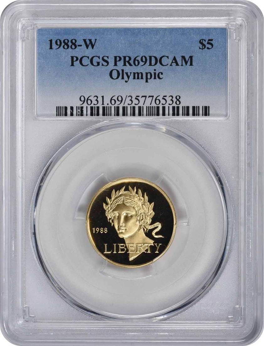 PCGS PR69DCAM 1988-W Olympic Gold Proof Five Dollar Coin (1 of 2)