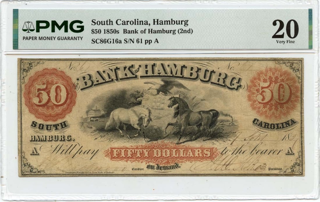 Bank of Hamburg 1857 Fifty Dollar Obsolete South Carolina Note PMG VF20: Bank of Hamburg 1857 Fifty Dollar Obsolete South Carolina Note PMG VF20 This 1857 $50 obsolete banknote from the Bank of Hamburg, South Carolina, is a scarce collectible. Certified by PMG with a grade