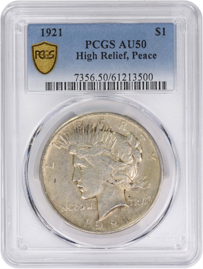 PCGS AU50 1921 Peace Dollar Silver: PCGS AU50 1921 Peace Dollar Silver This 1921 Peace Silver Dollar is graded AU50 by PCGS and features a circulated condition. Struck in silver, it represents the inaugural year of the Peace Dollar seri