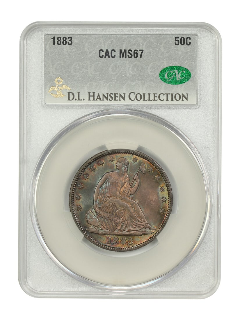 CACG MS67 1883 Liberty Seated Half Dollar 50C ex D.L. Hansen: CACG MS67 1883 Liberty Seated Half Dollar 50C ex D.L. Hansen An 1883 Liberty Seated Half Dollar graded MS67 by CACG. Certified uncirculated and struck at the Philadelphia Mint, this 50C coin is identi
