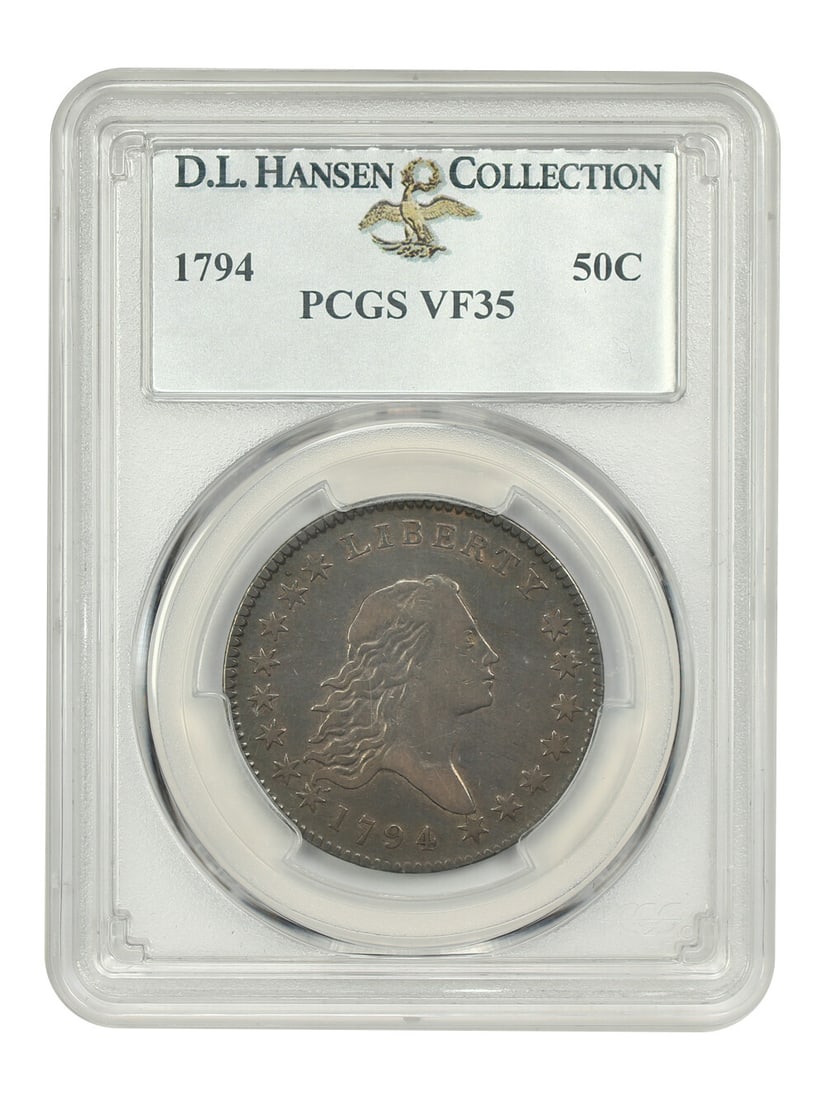 PCGS VF35 1794 Flowing Hair Half Dollar 50C ex D.L. Hansen: PCGS VF35 1794 Flowing Hair Half Dollar 50C ex D.L. Hansen This 1794 Flowing Hair Half Dollar is a circulated example certified by PCGS and graded VF35. It is a first-year issue from Philadelphia with