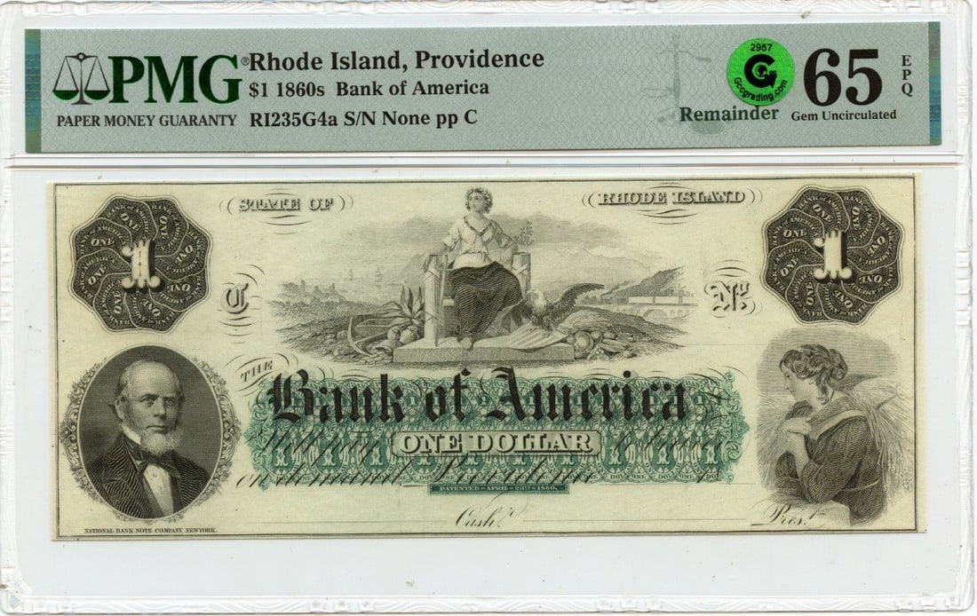 Providence Bank of America $1 Obsolete Note PMG Gem 65 EPQ 1860s (1 of 3)
