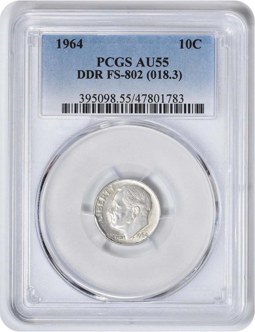 PCGS AU55 1964 Roosevelt DDR FS-802 Silver Dime: PCGS AU55 1964 Roosevelt DDR FS-802 Silver Dime This 1964 Roosevelt Silver Dime features a Doubled Die Reverse (DDR) FS-802 variety and has been graded AU55 by PCGS. Composed of 90% silver and 10% cop