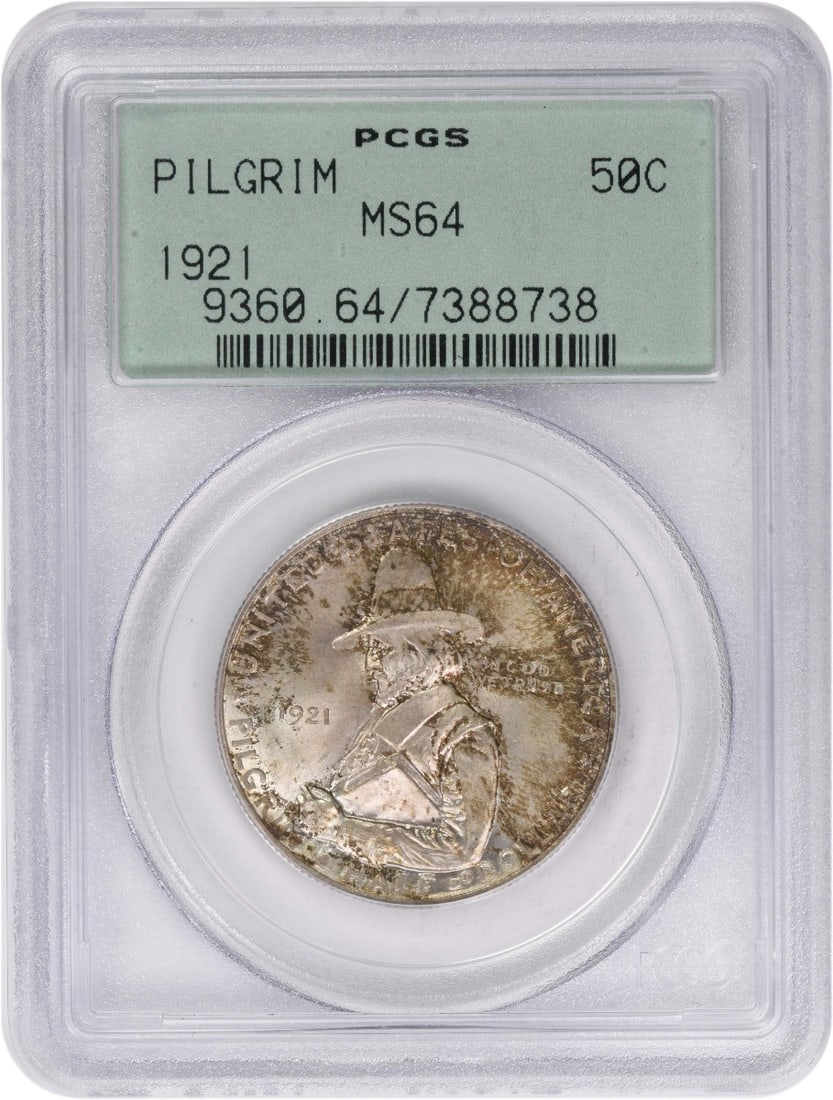 1921 Silver Half Dollar Pilgrim MS64 Graded by PCGS: 1921 Silver Half Dollar Pilgrim MS64 Graded by PCGS This 1921 Pilgrim Commemorative Half Dollar is an un-used, pre-owned coin graded MS64 by PCGS. Struck in silver, this coin was issued without a mint