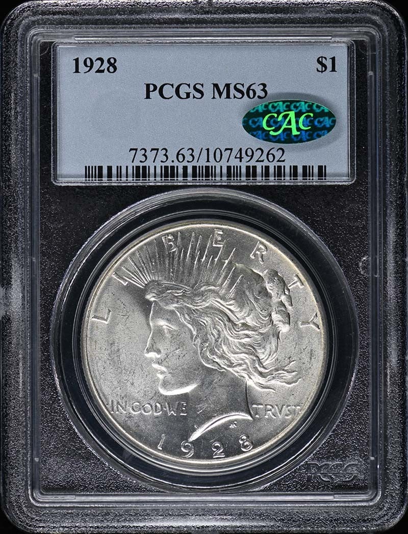 1928 Peace Dollar PCGS MS63 CAC Certified Uncirculated Coin: 1928 Peace Dollar PCGS MS63 CAC Certified Uncirculated Coin This 1928 Peace Dollar is a remarkable piece of numismatic history, graded MS63 by PCGS and featuring a CAC designation. Struck at the Phila