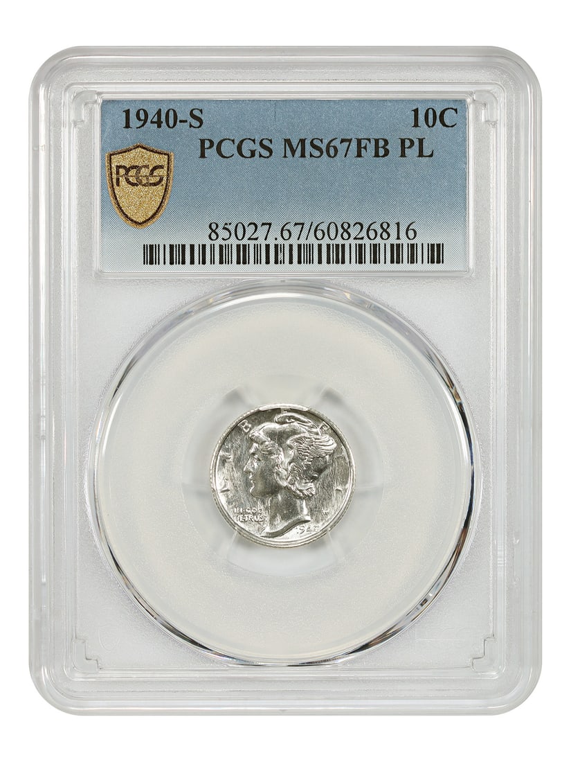 PCGS MS67FB PL 1940-S Mercury Dime 10C: PCGS MS67FB PL 1940-S Mercury Dime 10C This 1940-S Mercury Dime is an uncirculated 10C coin certified by PCGS as MS67FB PL. It is from San Francisco and carries certification number 60826816. From a t