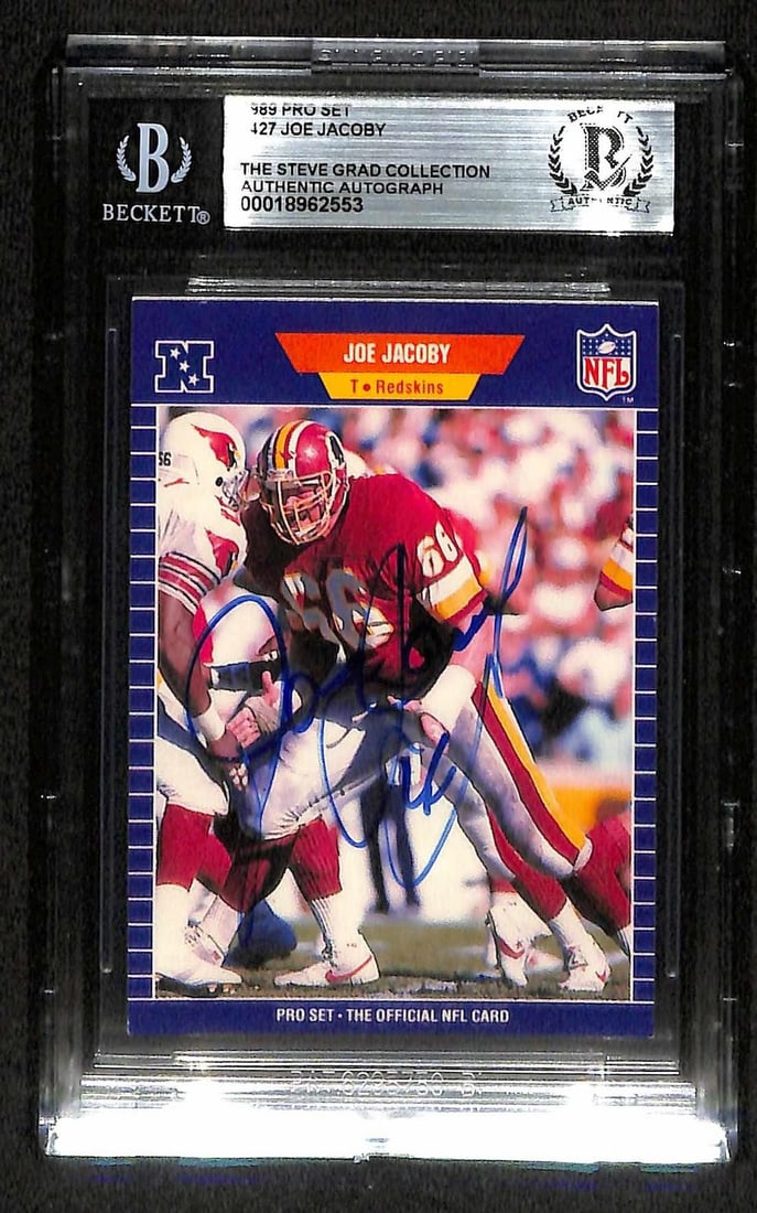 Beckett Authenticated Joe Jacoby 1989 Pro Set Redskins Signed Card: Beckett Authenticated Joe Jacoby 1989 Pro Set Redskins Signed Card This is a signed 1989 Pro Set football trading card featuring Joe Jacoby of the Washington Redskins. The card is hand-signed by Jacob