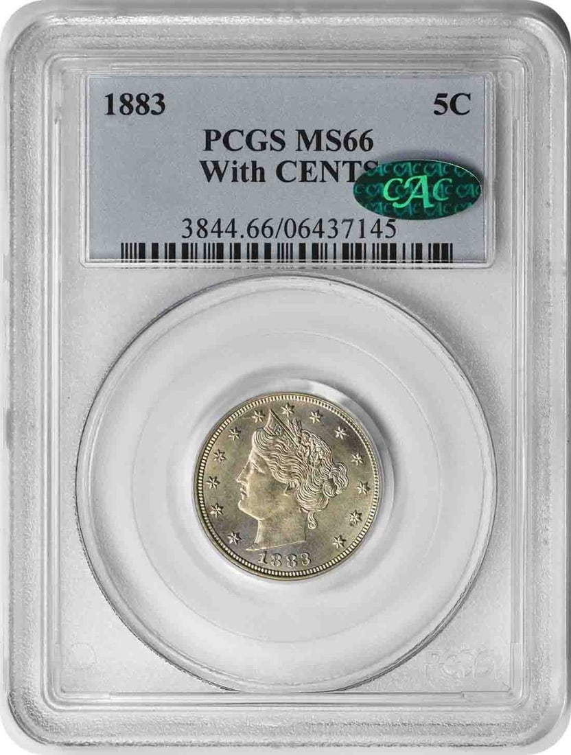 PCGS CAC 1883 Liberty Nickel With Cents MS66: PCGS CAC 1883 Liberty Nickel With Cents MS66 This 1883 Liberty Nickel features the "With Cents" variety and is graded MS66 by PCGS, with CAC approval. Struck in nickel, this uncirculated coin is a fiv