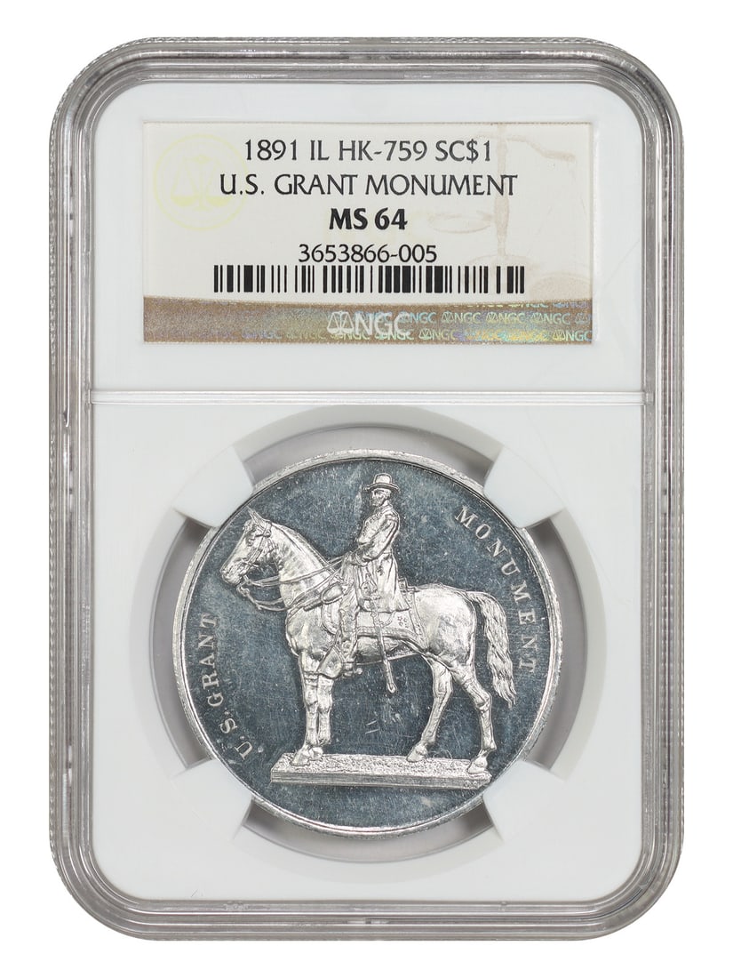 1891 U.S. Grant Memorial Medal HK-759 NGC MS64: 1891 U.S. Grant Memorial Medal HK-759 NGC MS64 An 1891 U.S. Grant Memorial so-called dollar medal, designated HK-759, and certified by NGC in MS64. This uncirculated, pre-owned piece is a historically