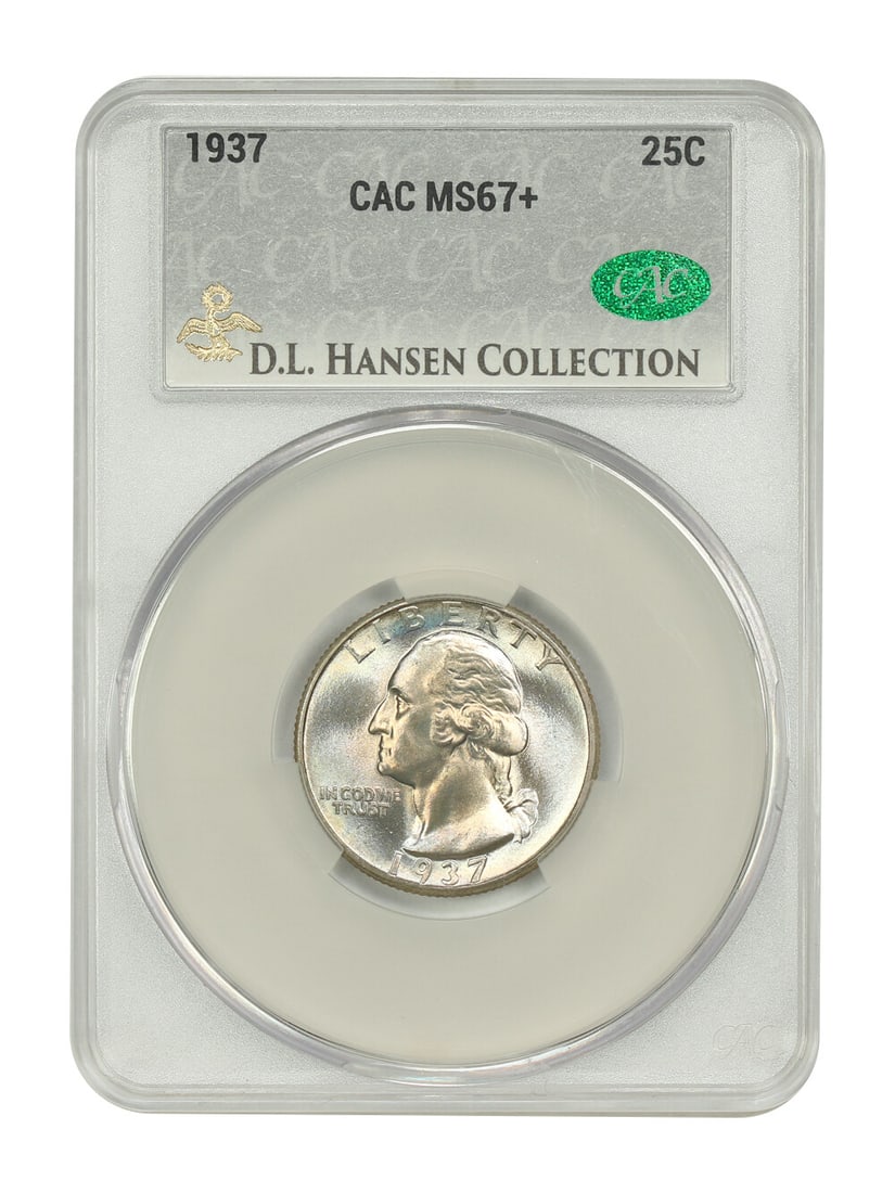 1937 Washington Quarter 25C CACG MS67+ ex D.L. Hansen: 1937 Washington Quarter 25C CACG MS67+ ex D.L. Hansen 1937 Washington Quarter certified by CACG and graded MS67+. This uncirculated Philadelphia issue is described as an otherwise common coin at a fan