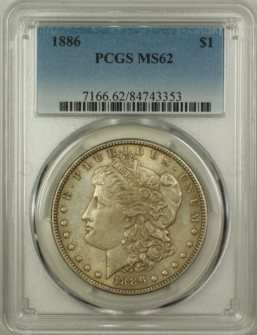 PCGS MS-62 1886 Morgan Dollar Toned Silver Coin: PCGS MS-62 1886 Morgan Dollar Toned Silver Coin This is an 1886 Morgan Silver Dollar $1 coin graded MS-62 by PCGS. The coin is uncirculated and features attractive toning. It was struck in Philadelphi