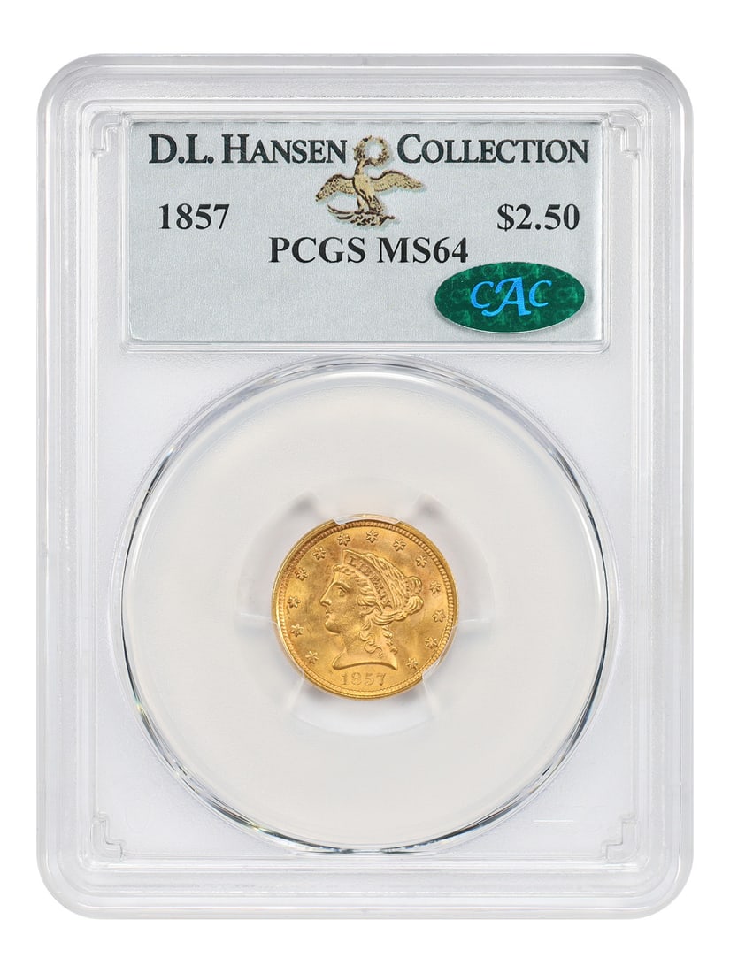 1857 Liberty Head $2.50 Gold Coin PCGS CAC MS64 ex D.L. Hansen: 1857 Liberty Head $2.50 Gold Coin PCGS CAC MS64 ex D.L. Hansen 1857 $2.50 Liberty Head coin certified by PCGS and CAC, graded MS64. This uncirculated Philadelphia issue is described as a choice origin
