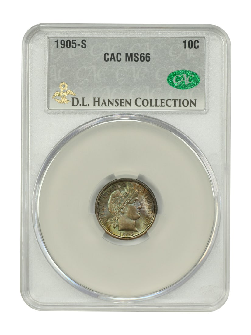 Barber Dime 1905-S 10C MS66 CACG ex D.L. Hansen: Barber Dime 1905-S 10C MS66 CACG ex D.L. Hansen 1905-S Barber Dime certified by CACG and graded MS66. This uncirculated coin is from the San Francisco mint and is identified as ex: D.L. Hansen. The de