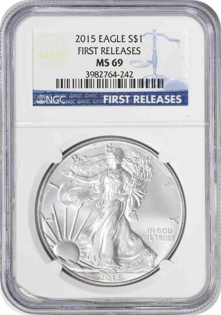2015 NGC MS69 Silver American Eagle Dollar First Releases: 2015 NGC MS69 Silver American Eagle Dollar First Releases This 2015 $1 American Silver Eagle coin is graded MS69 by NGC and features the iconic design by Adolph A. Weinman and John Mercanti. Produced 