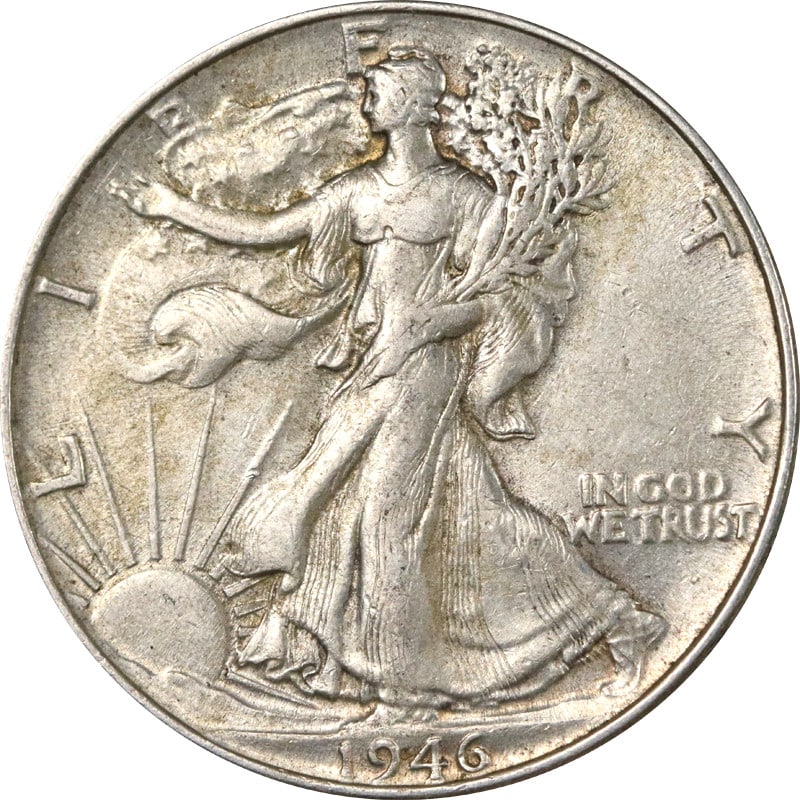 1946 Philadelphia Walking Liberty Half Silver Doubled Die Reverse: 1946 Philadelphia Walking Liberty Half Silver Doubled Die Reverse This 1946-P Walking Liberty Half Dollar features a doubled die reverse, offering collectors a notable variety from this year. Struck i