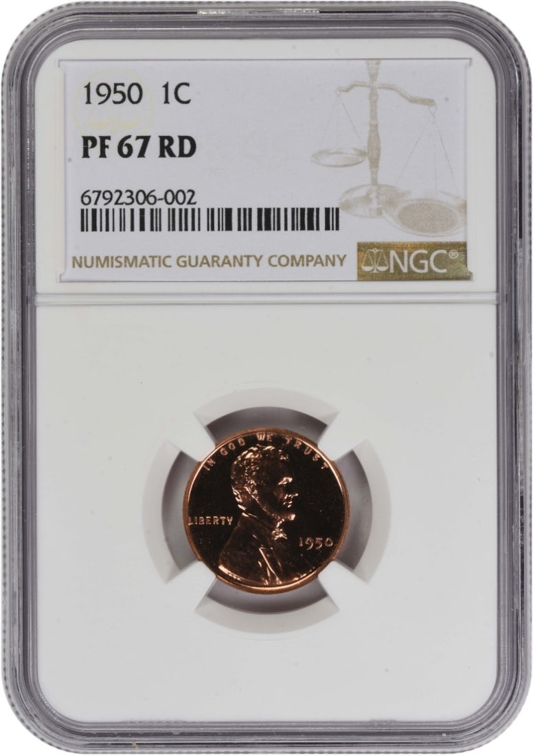 1950 Lincoln Wheat Proof Cent PR67RD Certified by NGC: 1950 Lincoln Wheat Proof Cent PR67RD Certified by NGC This 1950 Lincoln Wheat Cent is graded PR67RD by NGC. Struck as a proof coin with no mint mark, it is composed of copper and remains in uncirculat