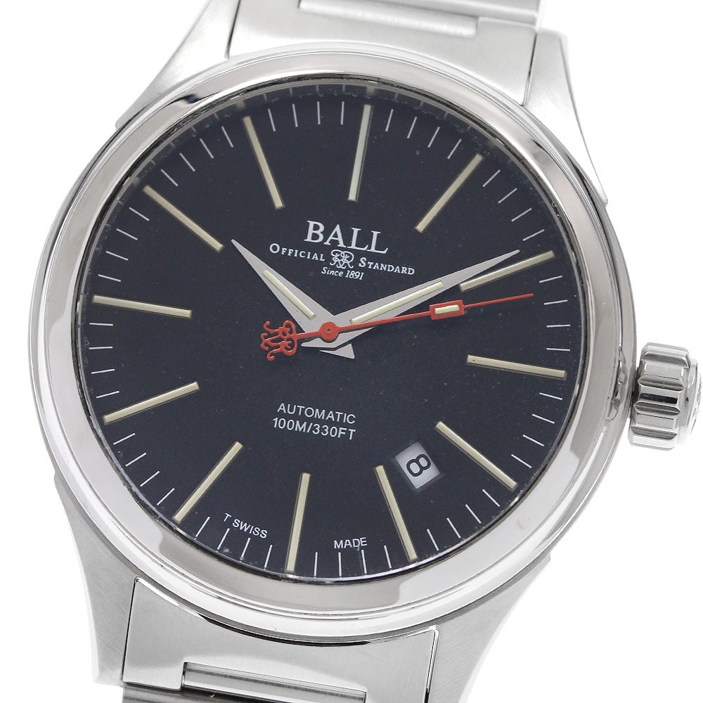 BALLWATCH Fireman Date Automatic Men's Stainless Steel Watch: BALLWATCH Fireman Date Automatic Men's Stainless Steel Watch This BALLWATCH Fireman Date wristwatch is designed for men and features a stainless steel case and bracelet with a black dial. The watch is