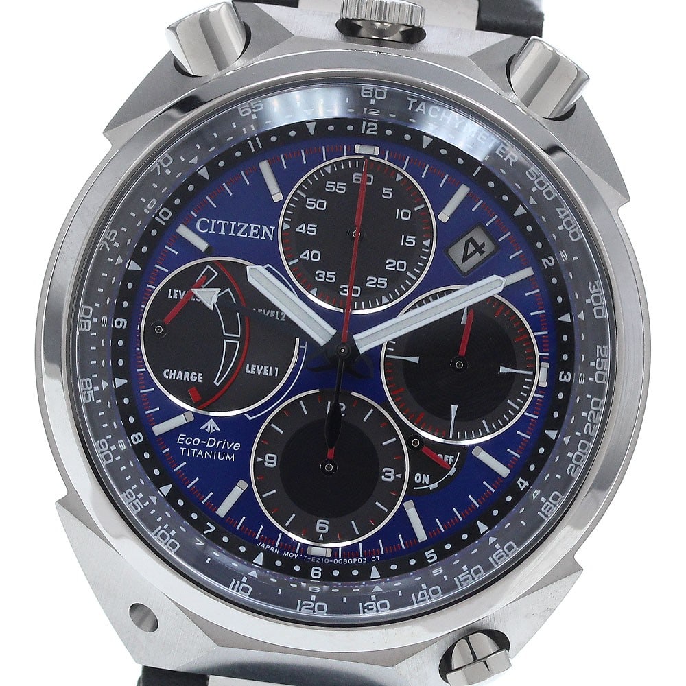 Citizen Promaster titanium solar chronograph men's wristwatch AV0088-01L: Citizen Promaster titanium solar chronograph men's wristwatch AV0088-01L This Citizen Promaster Eco-Drive Chronograph wristwatch features a blue and black dial, a titanium case, and a leather strap. D