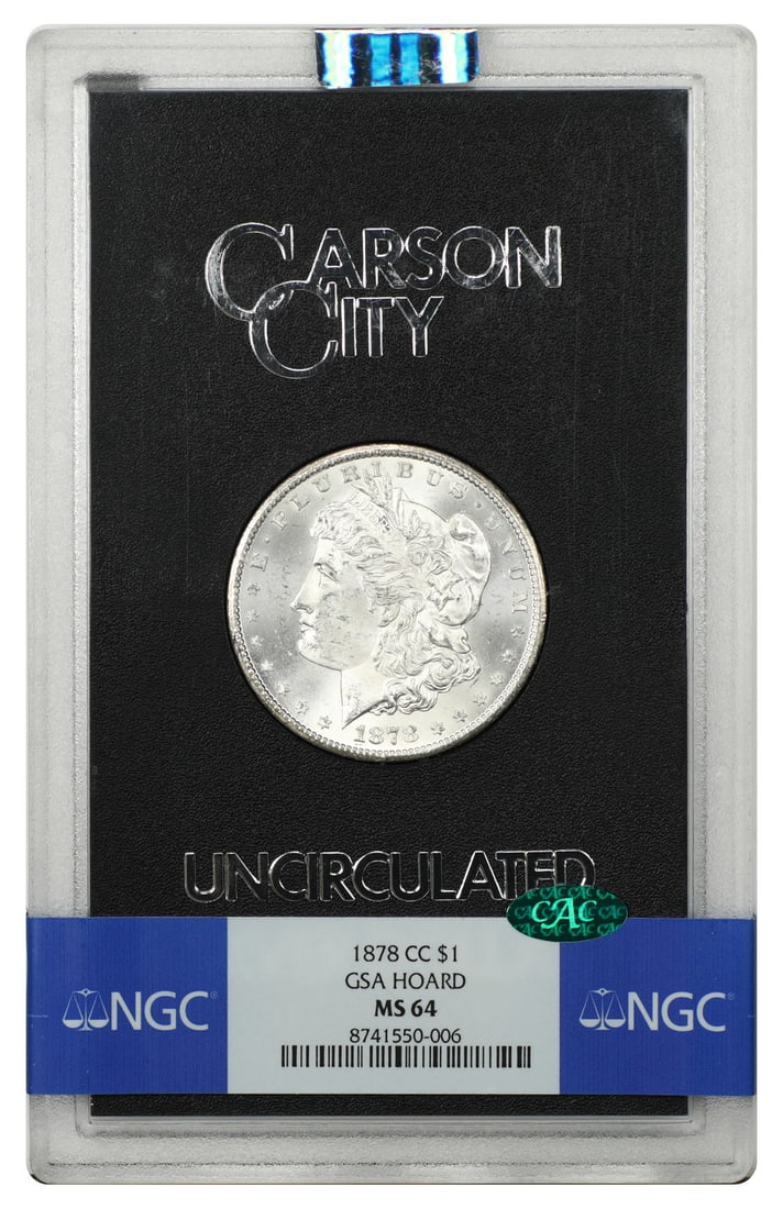 1878 Carson City Morgan Dollar NGC MS64 CAC GSA Case: 1878 Carson City Morgan Dollar NGC MS64 CAC GSA Case 1878-CC Morgan Dollar $1 graded MS64 by NGC/CAC. This Carson City coin is an ever-popular CC-Mint GSA housed in the original hard case. Condition: 