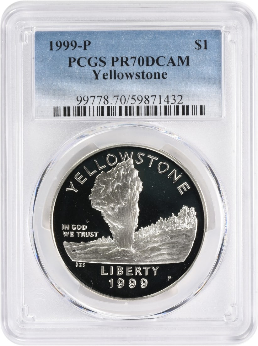 PCGS PR70DCAM Yellowstone 1999-P Silver Commemorative Dollar: PCGS PR70DCAM Yellowstone 1999-P Silver Commemorative Dollar This is a 1999-P Yellowstone Silver Commemorative Dollar, struck in proof quality and graded PR70 Deep Cameo (DCAM) by PCGS. The coin is un
