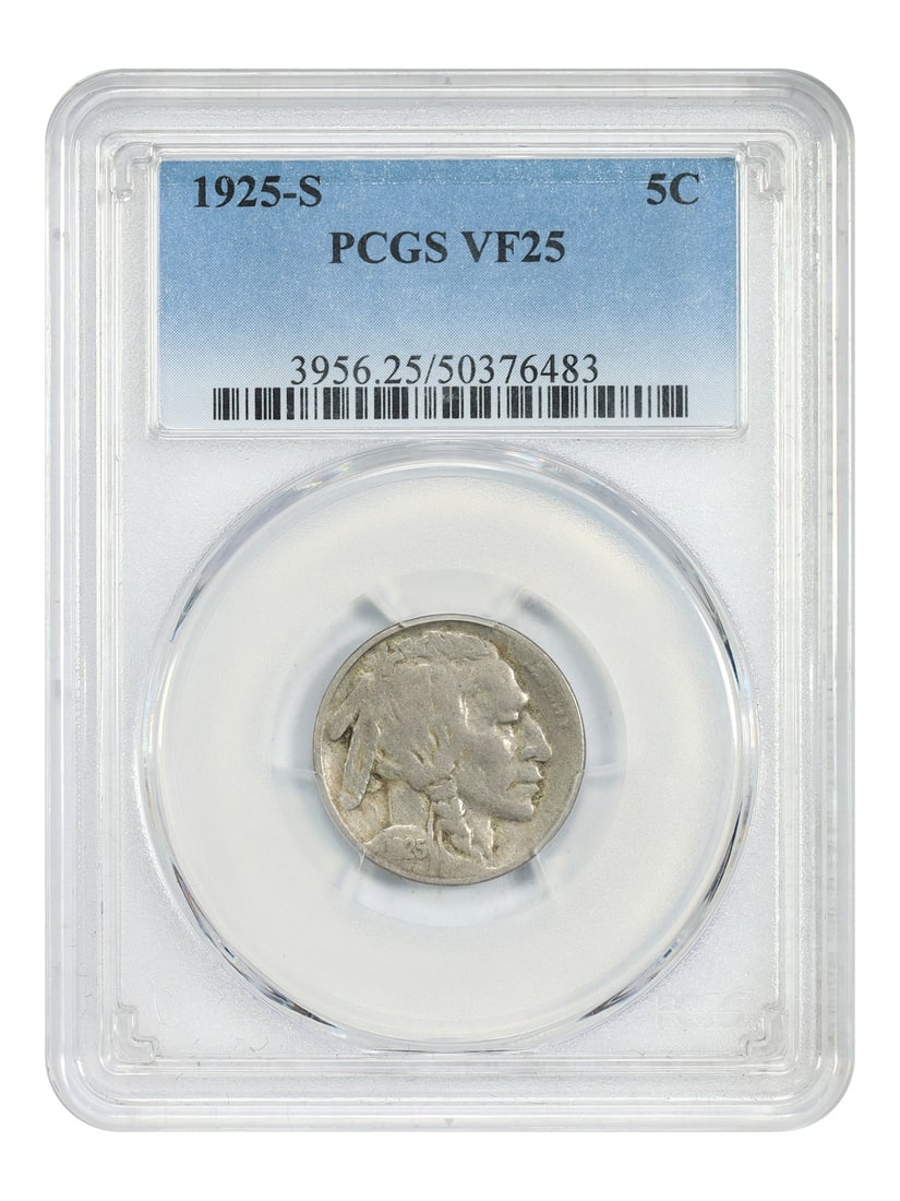 PCGS VF25 1925 S Buffalo Nickel 5C Scarce Date: PCGS VF25 1925 S Buffalo Nickel 5C Scarce Date This 1925-S 5C Buffalo Nickel is a circulated example certified by PCGS as VF25. The coin is identified as a scarce date and is listed in pre-owned condi