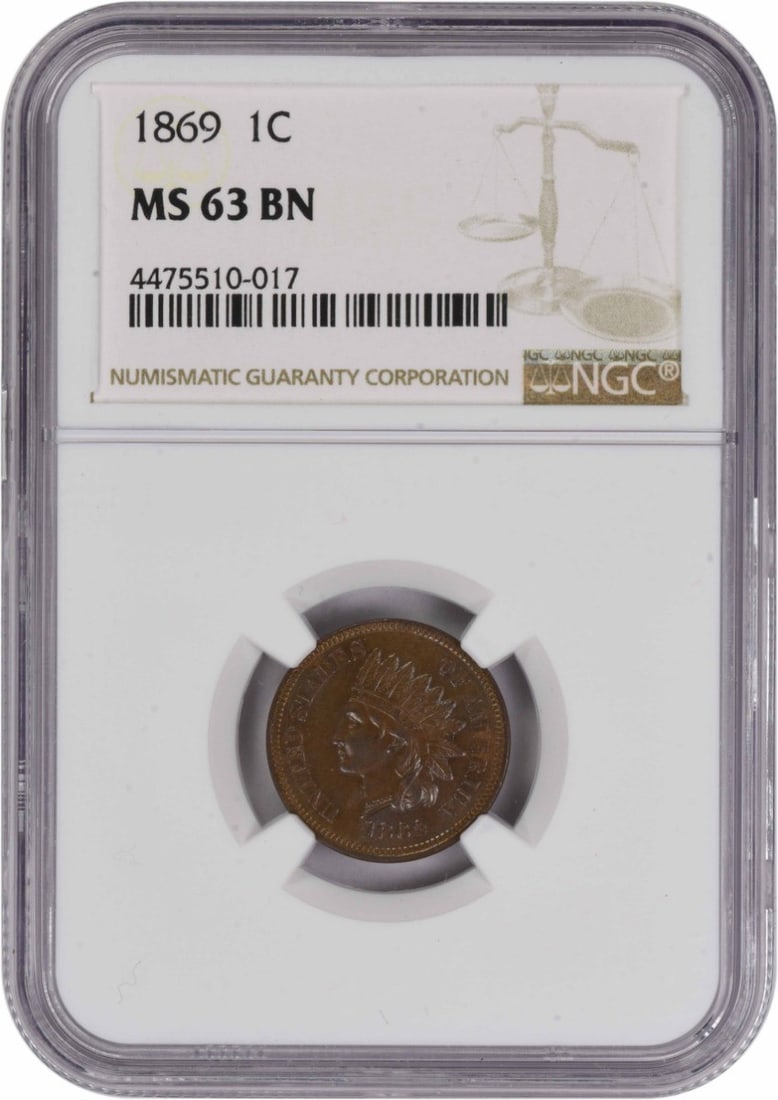 1869 Indian Head Cent MS63BN NGC Certified Copper Coin: 1869 Indian Head Cent MS63BN NGC Certified Copper Coin This 1869 Indian Cent, graded MS63BN by NGC, is a remarkable representation of American coinage. Struck in Philadelphia, this small cent features