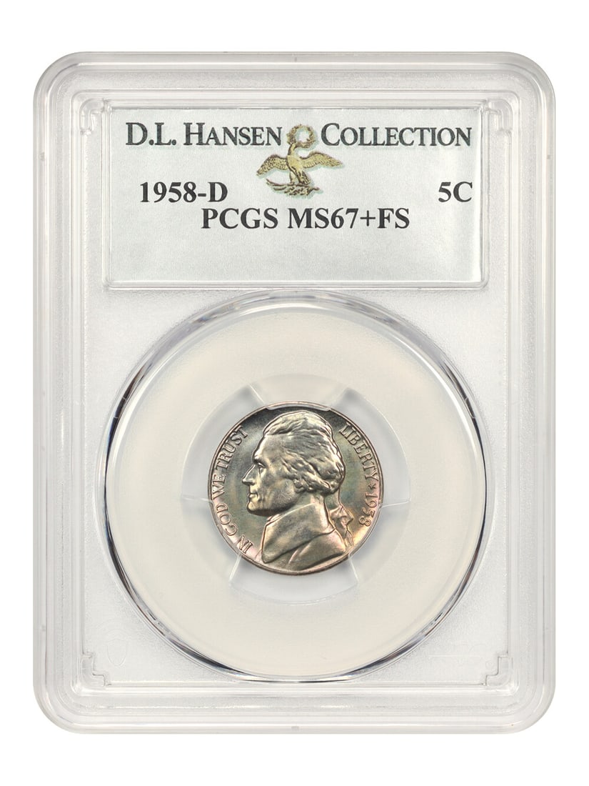 PCGS MS67+ FS 1958-D Jefferson Nickel 5C ex D.L. Hansen: PCGS MS67+ FS 1958-D Jefferson Nickel 5C ex D.L. Hansen 1958-D Jefferson Nickel graded PCGS MS67+ FS. This uncirculated coin from the Denver mint shows attractive original luster with no distractions 