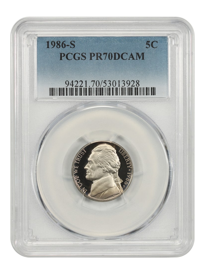 Jefferson Nickel 1986-S 5C PCGS PR70DCAM: Jefferson Nickel 1986-S 5C PCGS PR70DCAM 1986-S Jefferson Nickel graded PCGS PR70DCAM. The coin is a 5C issue from San Francisco, certified by PCGS with certification number 53013928. Condition: Pre-O