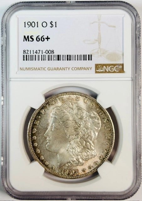 NGC MS-66 Plus 1901 New Orleans Morgan Silver Dollar: NGC MS-66 Plus 1901 New Orleans Morgan Silver Dollar This 1901 O Morgan Silver Dollar is certified by NGC with a grade of MS 66+ Plus, indicating a high level of preservation. Minted in New Orleans, t