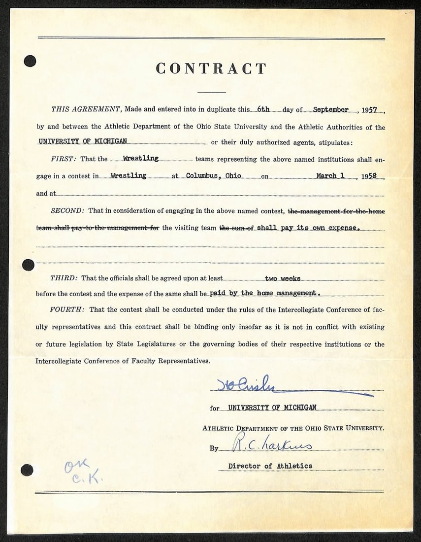 Fritz Crisler Signed Michigan Football Contract PSA Authenticated (1 of 2)