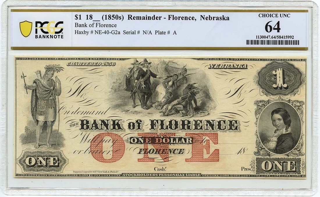 PCGS CU64 Bank of Florence 1850s Nebraska $1 Obsolete Note (1 of 2)