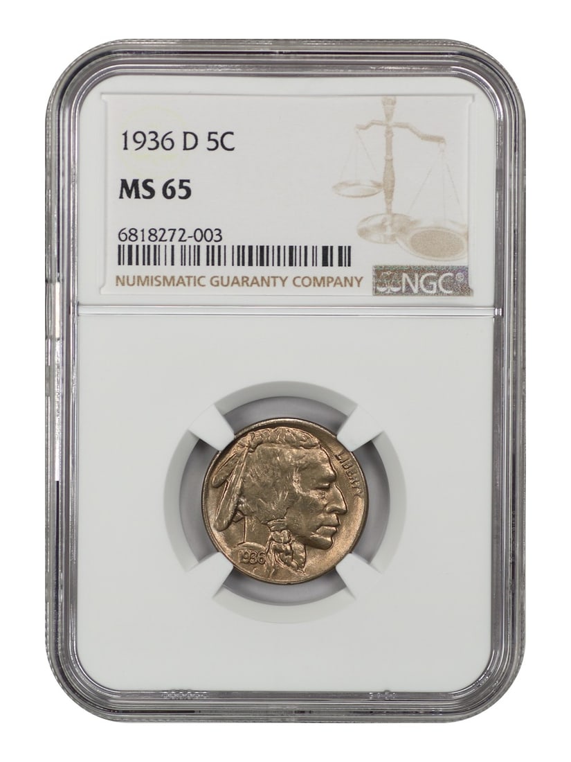 Buffalo Nickel 1936-D 5C NGC MS65: Buffalo Nickel 1936-D 5C NGC MS65 1936-D Buffalo Nickel graded MS65 by NGC. This uncirculated 5C coin was minted in Denver and is listed as pre-owned. Certification number 6818272003 is provided. Spec